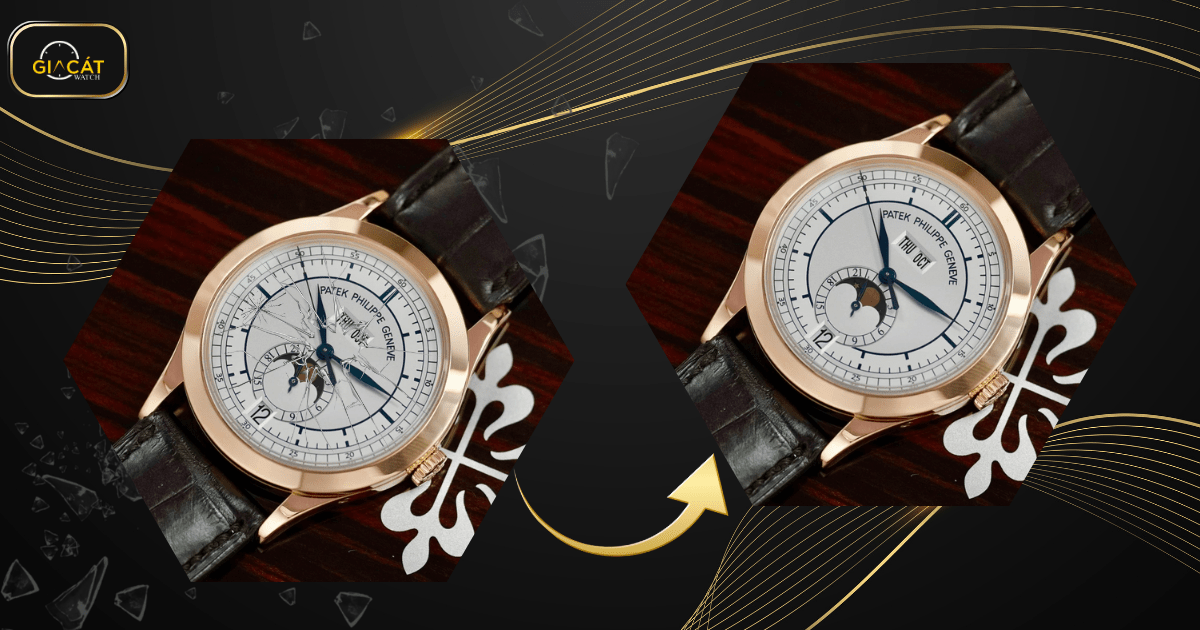 Dịch vụ thay mặt kính đồng hồ - Trước và sau khi thay mặt kính đồng hồ Patek Philippe