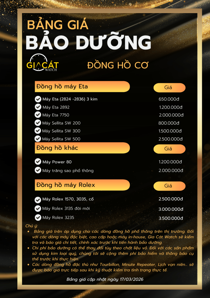Bảng giá lau dầu bảo dưỡng đồng hồ cơ chi tiết tại Gia Cát Watch
