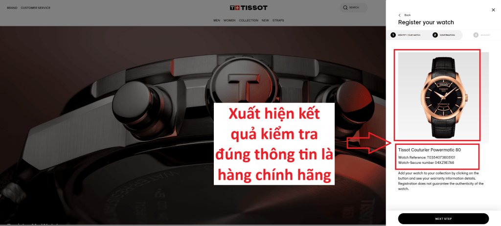 Cách kiểm tra đồng hồ Tissot thật và giả tại website chính thức của Tissot - Xuất hiện thông tin đúng với thông tin đồng hồ của bạn thì hàng chính hãng