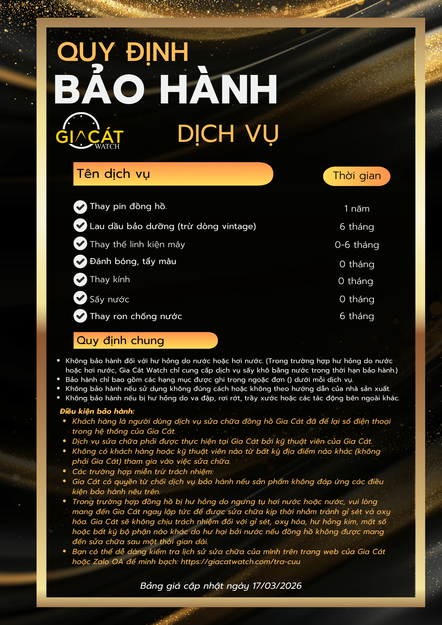 Quy định bảo hành dịch vụ tại Gia Cát Watch