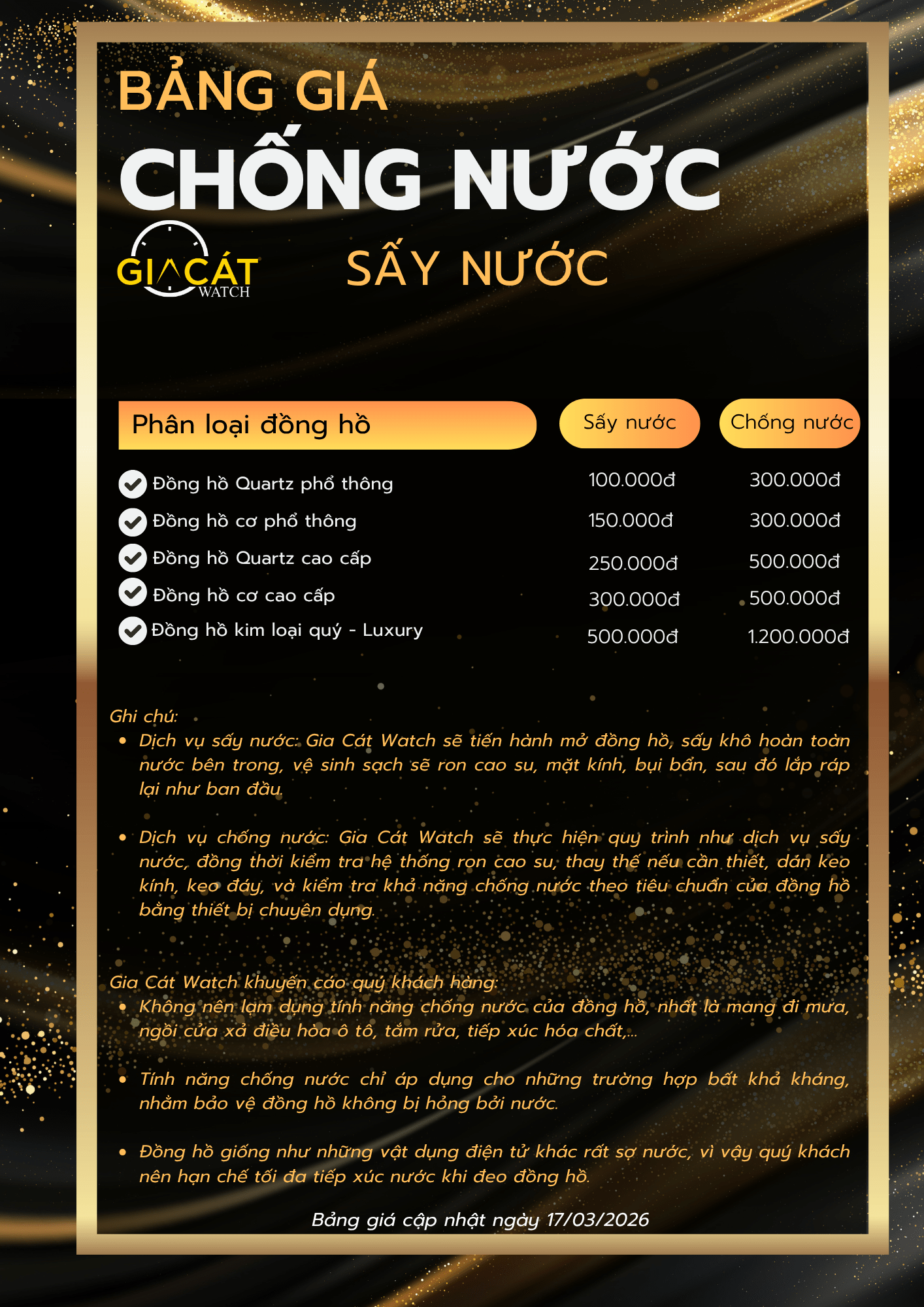 Bảng giá dịch vụ thay ron chống nước đồng hồ tại Gia Cát Watch